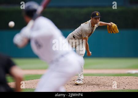 DETROIT, MI - 27. JULI: San Diego Padres startet den Pitcher Yu Darvish (11), der am 27. Juli 2022 im Comerica Park in Detroit, Michigan, gegen die Detroit Tigers antritt. (Foto: Joe Robbins/Image of Sport) Stockfoto