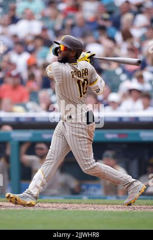 DETROIT, MI - 27. JULI: San Diego Padres verließ Feldspieler Jurickson Profar (10) schlägt am 27. Juli 2022 im Comerica Park gegen die Detroit Tigers. (Foto: Joe Robbins/Image of Sport) Stockfoto