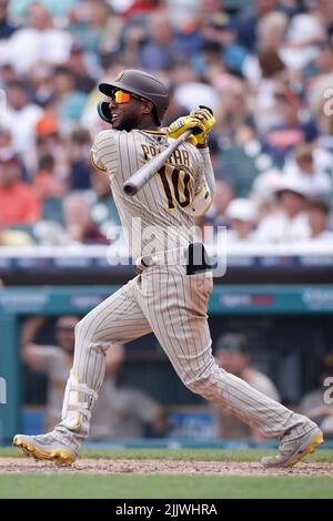 DETROIT, MI - 27. JULI: San Diego Padres verließ Feldspieler Jurickson Profar (10) schlägt am 27. Juli 2022 im Comerica Park gegen die Detroit Tigers. (Foto: Joe Robbins/Image of Sport) Stockfoto