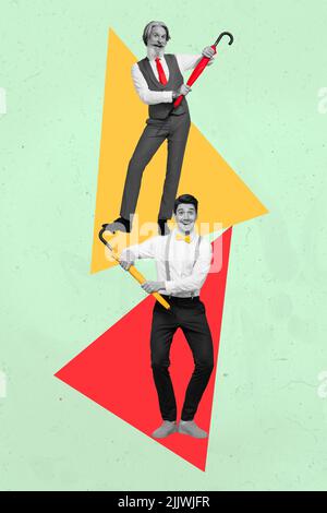 3D Retro abstrakt kreative Kunstwerk Vorlage Collage von zwei Vielfalt Kerl tanzen Schirme isoliert Malerei Hintergrund Stockfoto