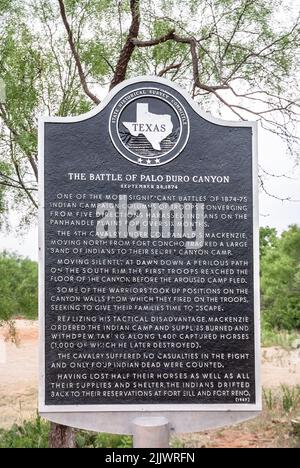 Das Schild „Schlacht von Palo Duro“, Texas, USA Stockfoto