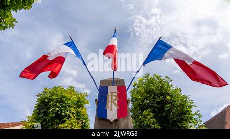 Französische Flaggen um ein dreifarbiger Schild mit dem Akronym RF, der traditionellen Abkürzung für „Französische Republik“. Konzepte des französischen Patriotismus und Nationalismus Stockfoto