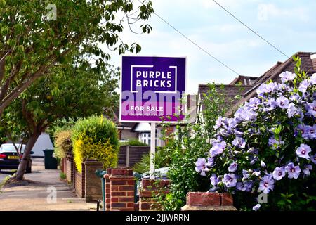 Ein 'Purple Bricks' Online-Immobilienmakler zum Verkauf Zeichen vor einem Vorstadthaus in Shepperton Surrey UK Stockfoto