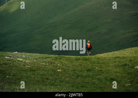 Männlicher Trailrunner, der auf einer Bergwiese läuft Stockfoto