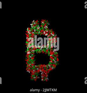 Verstreute grüne und rote weihnachtliche Charakter isoliert auf einem schwarzen Hintergrund Stockfoto