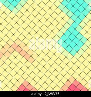 Quadratisches, abstraktes Mosaikmuster mit diagonalen symmetrischen, sich wiederholenden beigen Quadraten oder einem Netz aus Quadraten auf kariertem Hintergrund Stockfoto