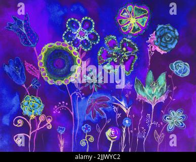 Skurrile Blumen in der blauen Stunde. Die Dabbing-Technik in der Nähe der Kanten sorgt aufgrund der veränderten Oberflächenrauigkeit des Papiers für einen weichen Fokuseffekt. Stockfoto