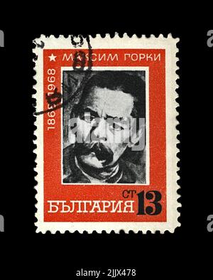 Maxim Gorky aka Alexei Maximovich Peshkov (1868-1936), berühmter russischer Schriftsteller, Dramatiker, Politiker, um 1968. Abgesagte Briefmarke gedruckt in Bulgarien Stockfoto