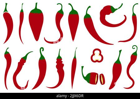 Set von verschiedenen roten Chilischoten auf weiß isoliert Stockfoto