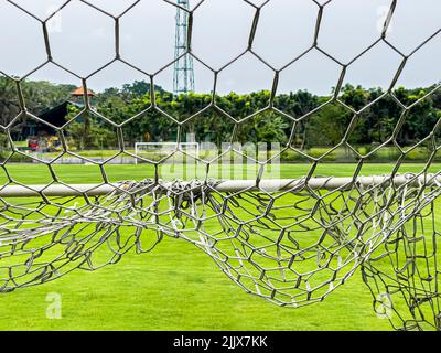 Blick durch das Tor des Ootballs auf einen großen Fußballplatz mit grünem Rasen, Tor gegenüber und Bäumen. Sport, Mannschaftssport Stockfoto