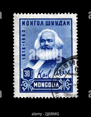 Karl Marx, berühmter Politiker-Führer, Buchautor von Capital, 145.. Geburtstag, um 1968. Abgesagte Briefmarke, gedruckt in der Mongolei isoliert Stockfoto