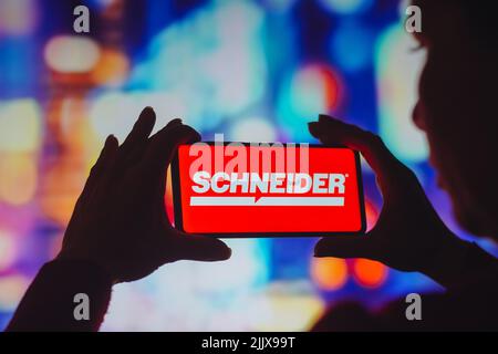 Brasilien. 28.. Juli 2022. In dieser Abbildung wird das Schneider National-Logo auf einem Smartphone-Bildschirm angezeigt. (Bild: © Rafael Henrique/SOPA Images via ZUMA Press Wire) Stockfoto