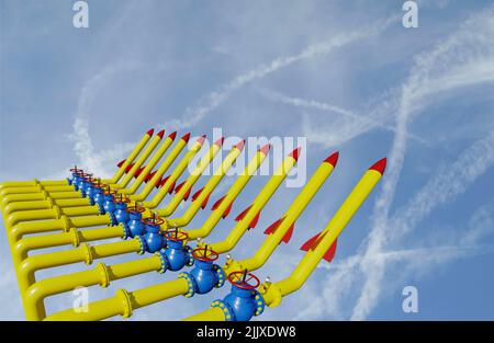 Krise, aus Gasleitungen Waffen werden, das Konzept einer Bedrohung der europäischen Energiesicherheit, 3D Illustration vor dem Hintergrund des Himmels Stockfoto