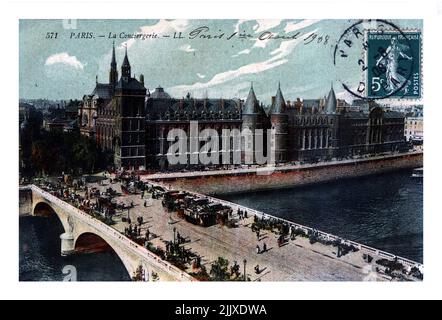 Palais de Justice, Conciergerie und Pont au Change, Pais, Frankreich, um 1908. Die Brücke wurde in den Jahren 1858-1860 gebaut Stockfoto