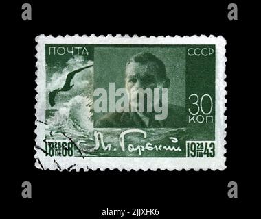 Maxim Gorki aka Alexei Maximovich Peschkow (1868-1936), berühmter russischer Schriftsteller, Dramatiker, Politiker, um 1943. Abgesagte Briefmarke gedruckt in der UdSSR Stockfoto