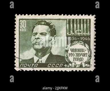 Maxim Gorki aka Alexei Maximovich Peschkow (1868-1936), berühmter russischer Schriftsteller, Dramatiker, Politiker, um 1946. Abgesagte Briefmarke gedruckt in der UdSSR Stockfoto