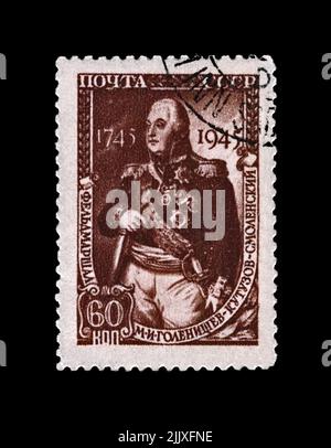 Michail Kutuzov (1745-1813), Feldmarschallprinz, berühmter russischer Militärkommandant, um 1945. Abgesagte Briefmarke gedruckt in der UdSSR Stockfoto