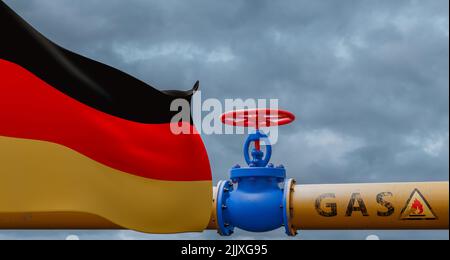 Deutschland Gas, Ventil an der Hauptgasleitung Deutschland, Pipeline mit Flagge Deutschland, Gasleitungen aus Deutschland, 3D Arbeit und 3D Bild Stockfoto