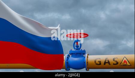 Russland Gas, Ventil auf der Hauptgasleitung Russland, Pipeline mit Flagge Russland, Rohre von Gas aus Russland, 3D Arbeit und 3D Bild Stockfoto