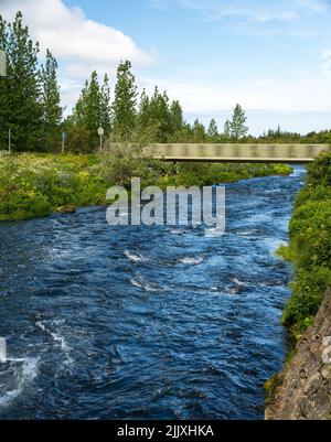 Reykjavík, Island - 1. Juli 2022 Blick auf den Ellidaár-Fluss von Reykjavík, der durch das Tal von Elliðaárdalur fließt, einer der beliebtesten Outdoor-Aktivitäten Stockfoto