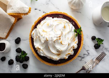 Brombeerkuchen mit geröstetem Baiser, Dessert-Idee gekrönt Stockfoto