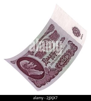 RUSSLAND (UdSSR) - UM 1961: 25 Rubel alte Banknotenrechnung auf nicht existiertem Land, um 1961. Veraltete Papierkreditkarte auf weißem Hintergrund isoliert Stockfoto
