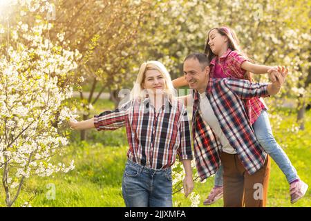 Familie spazieren die Kirschbäume Stockfoto