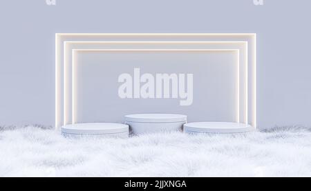 Ein 3D Rendering-Bild der Produktanzeige auf weißem Fell, das weiße Wände als Hintergrund hat Stockfoto