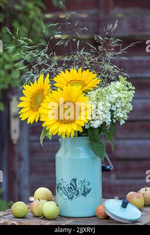 Bouquet von Sonnenblumen, Hortensien und Gräsern in Jahrgangsmilchbüsche Stockfoto