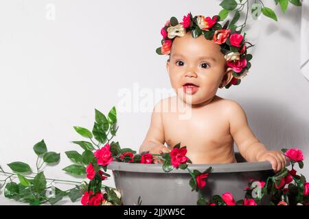 Schöne Latina Baby Mädchen mit brauner Haut, sehr lächelnd und glücklich mit einer Krone aus Blumen in einem Eimer umgeben von Blumen. Sitzende Mädchen. Weiß Stockfoto