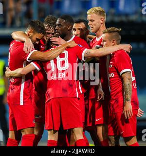 SARAJEVO - Dani de Wit von AZ Alkmaar feiert den 0-1 während der zweiten Qualifikationsrunde des Conference League-Spiels zwischen FK Tuzla City und AZ am 28. Juli 2022 im Stadion Grbavica in Sarajevo, Bosnien und Herzegowina. ANP ED DER POL Stockfoto