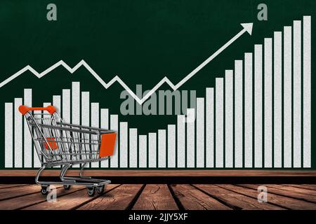 Einkaufswagen und Wachstumskarte auf Tafel mit Platz zum Kopieren. Konzept der Steigerung von Umsatz, Umsatz, Gewinn, Wirtschaft, Inflation, Geschäftsaktivität. Stockfoto