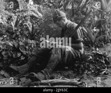 Ein Willkommensbrief von zu Hause wird von Trooper B. Glegg aus Lavington, N.S.W. eifrig gelesen, während er sich nach dem Patrouillendienst in Brandi Plantation ausruhte. 7. Juni 1945. (Foto von Australian Official Photo). Stockfoto