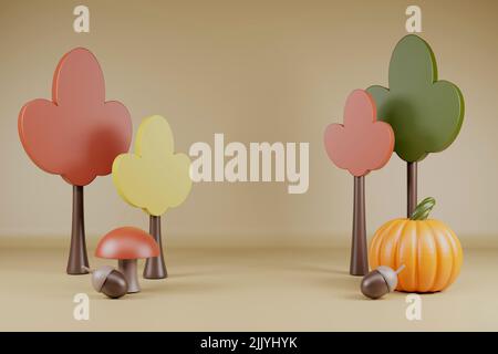 Herbstbäume mit Kürbis, Eicheln und Pilzen Happy Thahksgiving 3D Render. Stockfoto