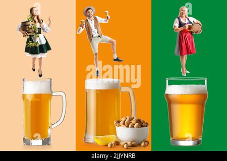 Collage mit Oktoberfest-Kellnerinnen, Mann und großen Gläsern frisches Bier auf farbigem Hintergrund Stockfoto