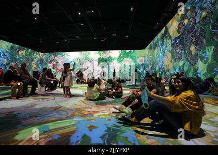 Rio De Janeiro, Brasilien. 28.. Juli 2022. Die Besucher besuchen am 28. Juli 2022 die immersive VAN GOGH LIVE 8K Kunstausstellung in Rio de Janeiro, Brasilien. Quelle: Wang Tiancong/Xinhua/Alamy Live News Stockfoto