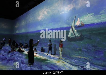 Rio De Janeiro, Brasilien. 28.. Juli 2022. Die Besucher besuchen am 28. Juli 2022 die immersive VAN GOGH LIVE 8K Kunstausstellung in Rio de Janeiro, Brasilien. Quelle: Wang Tiancong/Xinhua/Alamy Live News Stockfoto