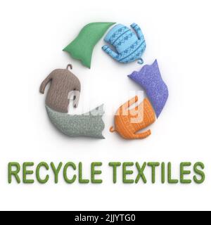 Recyceln Sie Textilien, recyceln Sie Symbole mit recyceltem Stoff, reduzieren Sie Textilabfälle und fördern Sie nachhaltige Mode 3D Illustration Stockfoto