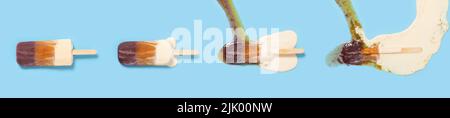 Passionsfrucht und Wachsbeere und Milchshake Geschmack Popsicle Schmelzprozess auf blauem Hintergrund in der oberen Winkel Ansicht Stockfoto