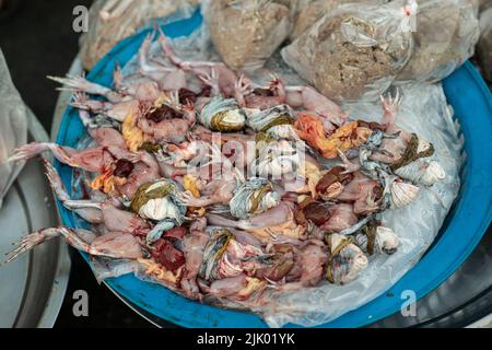 Tierische Produkte zum Kochen von Lebensmitteln der Verkauf auf dem Lebensmittelmarkt, Rohes Froschfleisch, Schneiden von Froschfleisch für Lebensmittel, Lay on Ice ist ein lokales Essen, das in Thai beliebt ist. Stockfoto