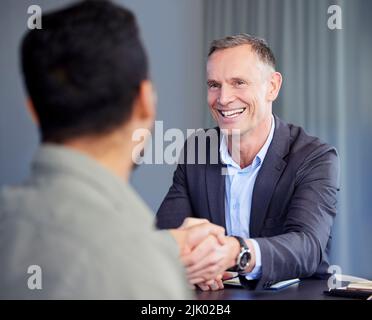 Was Sie zu bieten haben, ist genau das, was wir brauchen: Zwei Geschäftsleute, die sich bei einem Treffen in einem Büro die Hände schütteln. Stockfoto