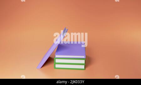 Mehrere Bücher, minimalistischer Stil, mehrere Farben übereinander gestapelt orange Hintergrund. Abstract Konzept Bildung Schule liefert 3D rendern Stockfoto