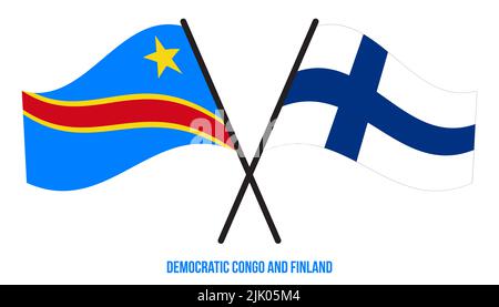 Demokratische Republik Kongo und Finnland Flaggen gekreuzt und winken Flat Style. Offizieller Anteil. Korrigieren Sie Die Farben. Stockfoto