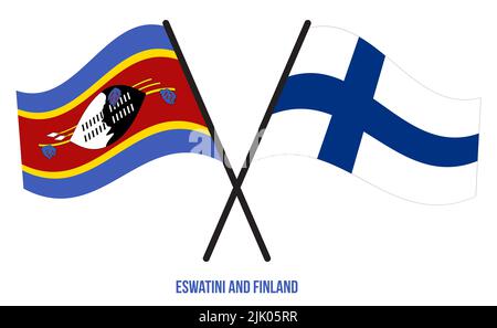 Eswatini und Finnland Flaggen gekreuzt und winken Flat Style. Offizieller Anteil. Korrigieren Sie Die Farben. Stockfoto