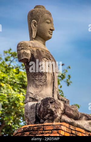 Die zerbrochene Buddha-Statue im Wat Chaiwatthanaram. Ein buddhistischer Tempel in der Stadt Ayutthaya Thailand, am Westufer des Chao Phraya Flusses. Stockfoto