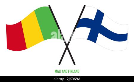 Mali und Finnland Flaggen gekreuzt und winkend Flat Style. Offizieller Anteil. Korrigieren Sie Die Farben. Stockfoto