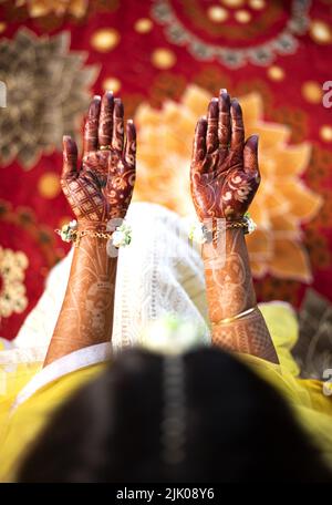 Schöne indische Braut zeigt Hände Mehndi Design. Zwei Hände Draufsicht auf das traditionelle Henna-Design auf Brauthand. Stockfoto