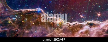 Kombiniertes NIRCam und MIRI Bild der „Cosmic Cliffs“ im Carina Nebel Stockfoto
