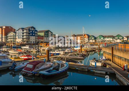 Exmouth Marina in der Grafschaft Devon, Großbritannien, umgeben von bunten Appartementhäusern Stockfoto