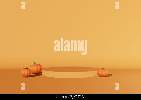 Herbst kreatives Konzept Kürbis matt Podium Szene 3D Rendering. Halloween Thanksgiving saisonales Sale-Design. Präsentation der Produktphase. Herbst A Stockfoto
